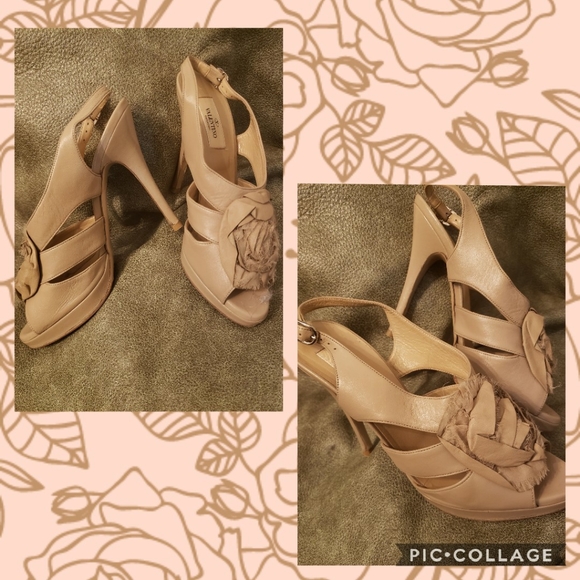 Valentino Beige Leather and Chiffon Rose Heels - Picture 3 of 7
